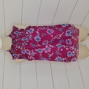 PINK ROSE medium pink with blue floral sleeveless sheer blouse